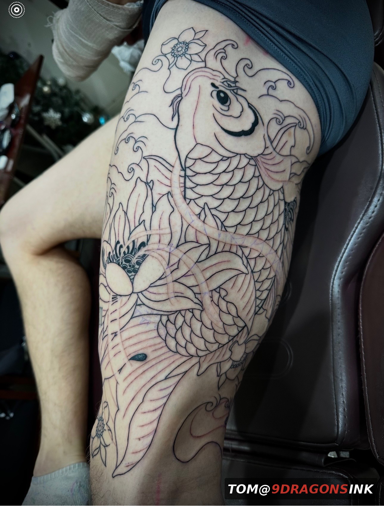 Koi tattoo linework stage by Tom at 9 Dragons Ink in San Jose
