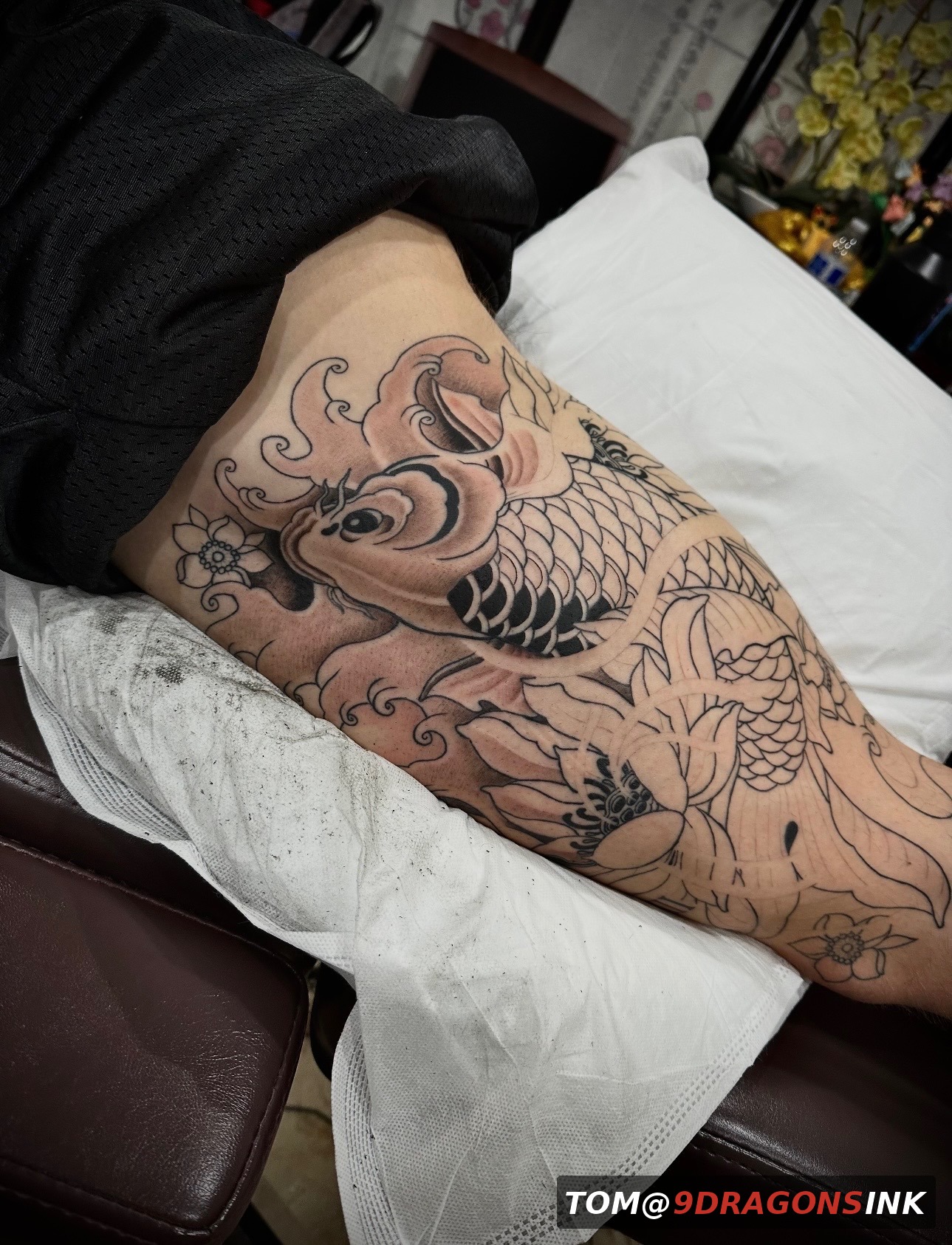 Koi tattoo shading and development stage by Tom at 9 Dragons Ink