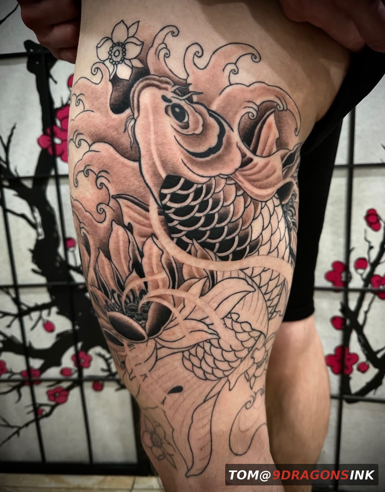 Koi tattoo detail and contrast stage by Tom at 9 Dragons Ink
