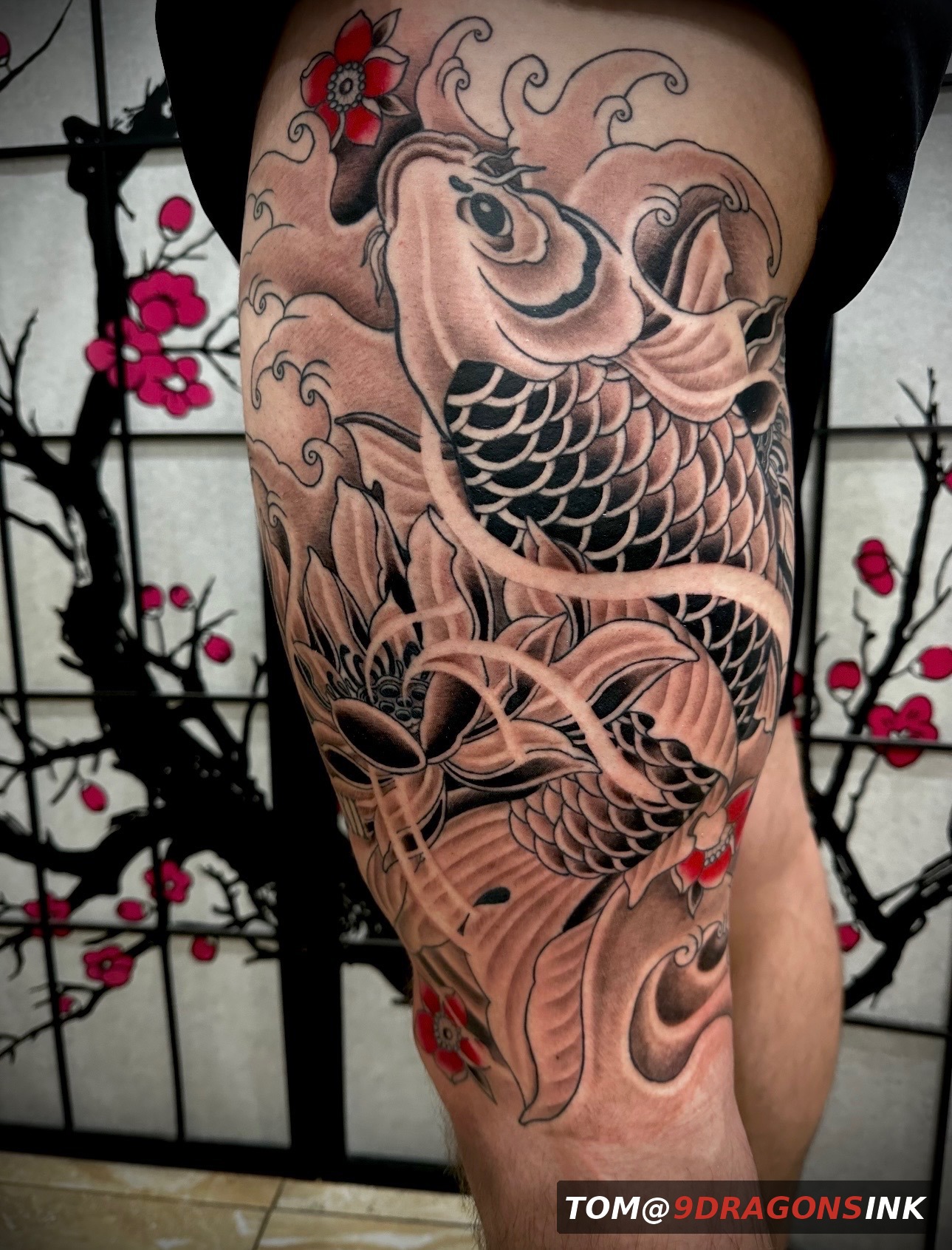 Finished koi tattoo with selective red color by Tom at 9 Dragons Ink