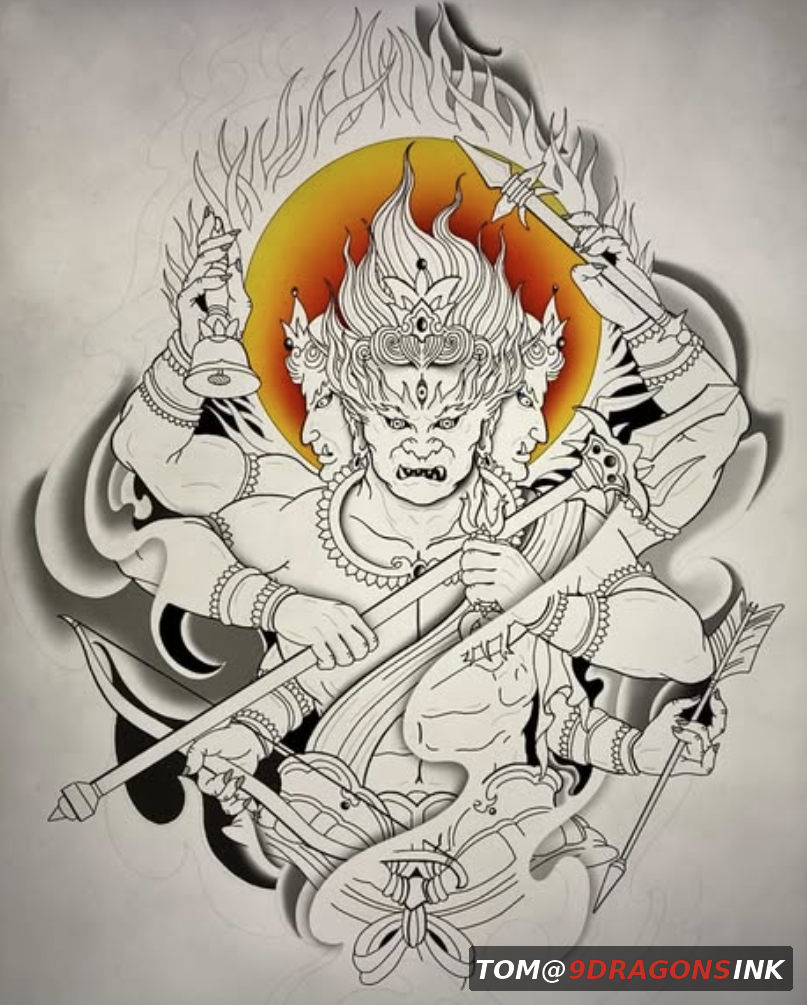 Original Asian-inspired deity tattoo concept sketch by Tom at 9 Dragons Ink