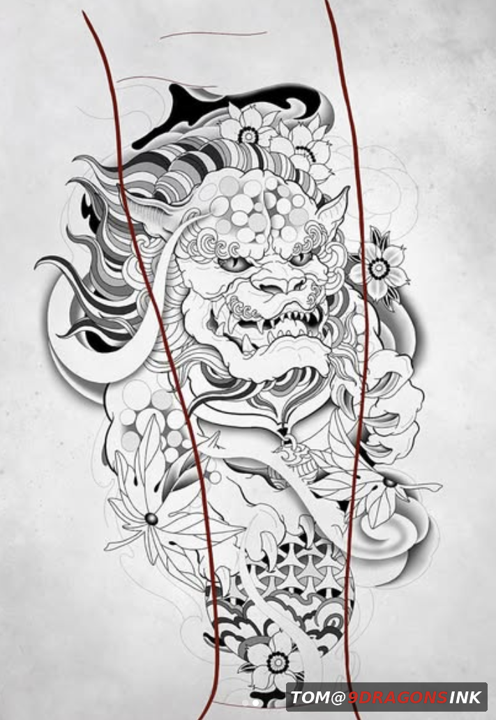 Foo Dog tattoo placement study showing how the custom design follows the body