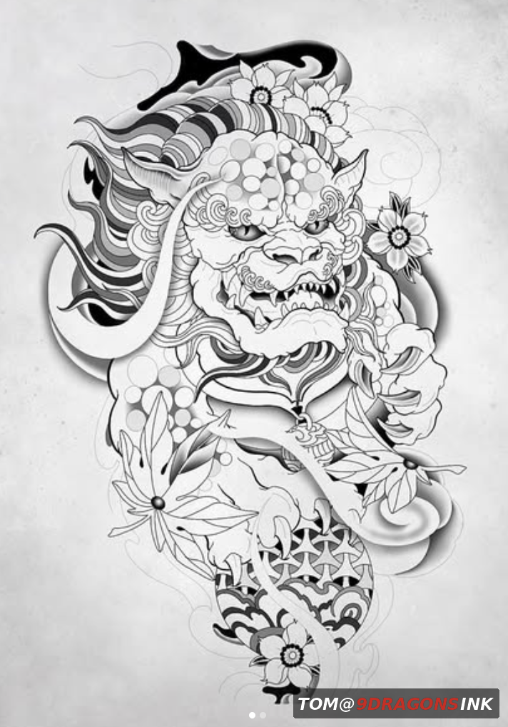 Original Foo Dog guardian lion tattoo sketch by Tom at 9 Dragons Ink
