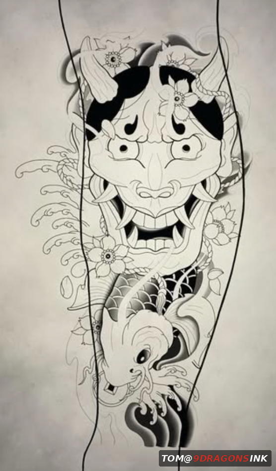 Original Hannya mask and koi tattoo composition sketch by Tom at 9 Dragons Ink