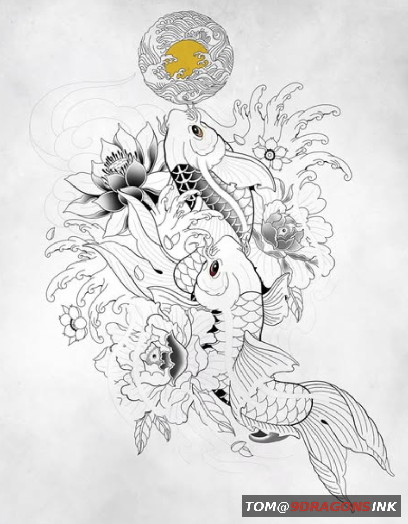 Original koi and floral tattoo concept sketch by Tom at 9 Dragons Ink