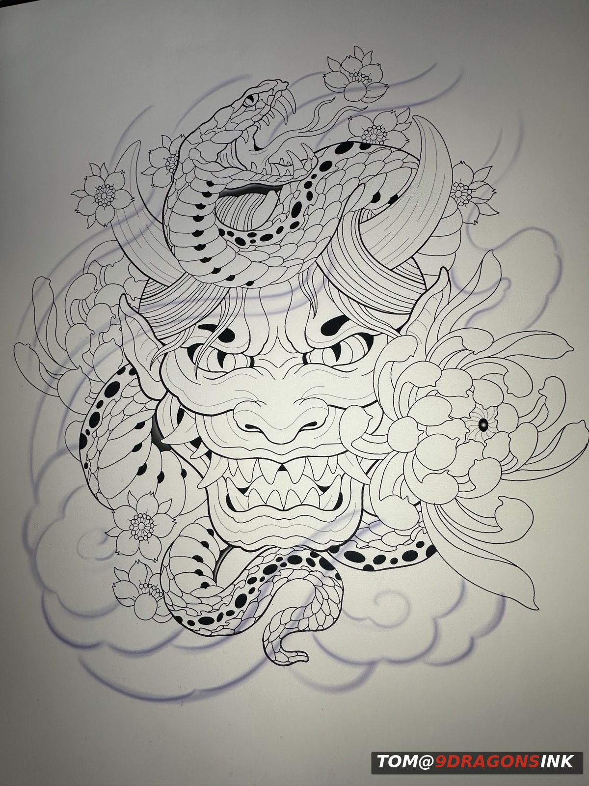 Original oni mask snake and floral tattoo composition sketch by Tom at 9 Dragons Ink