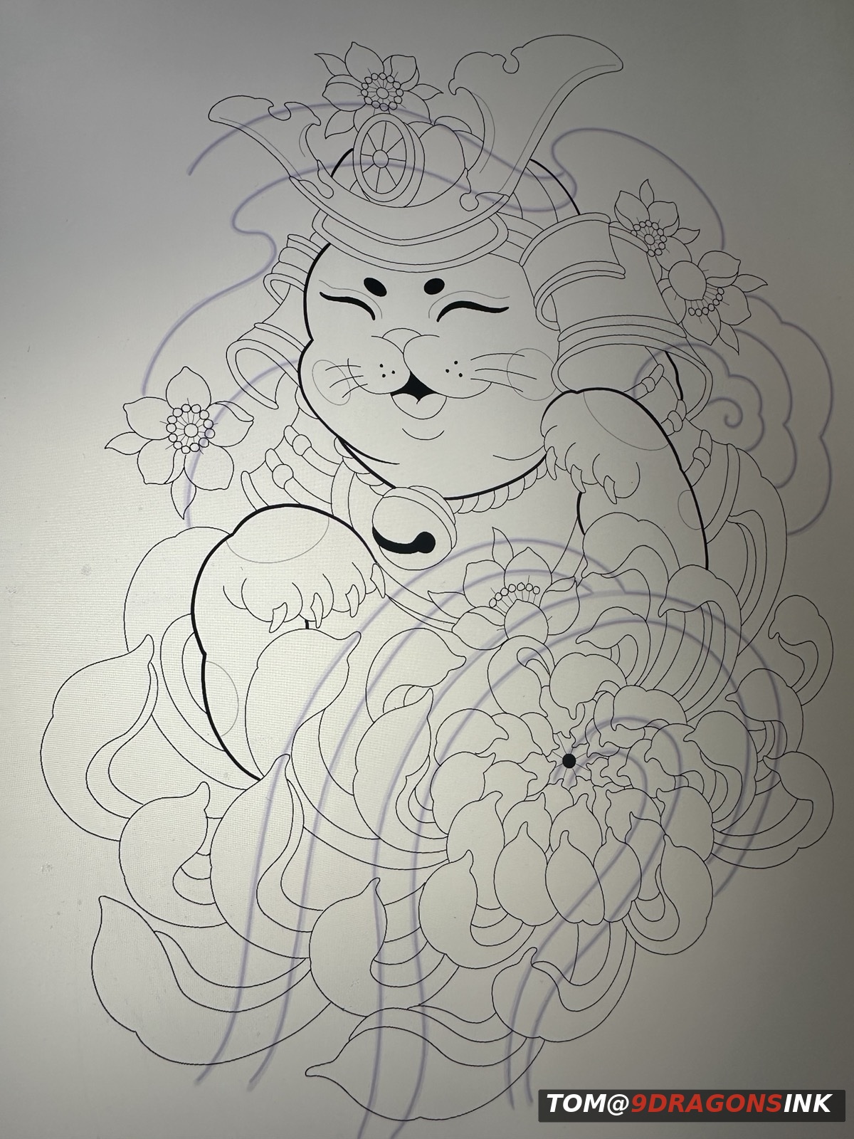 Original samurai cat and peony tattoo concept sketch by Tom at 9 Dragons Ink
