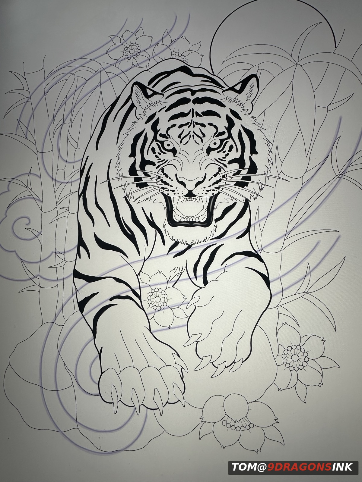 Original tiger and floral tattoo concept sketch by Tom at 9 Dragons Ink