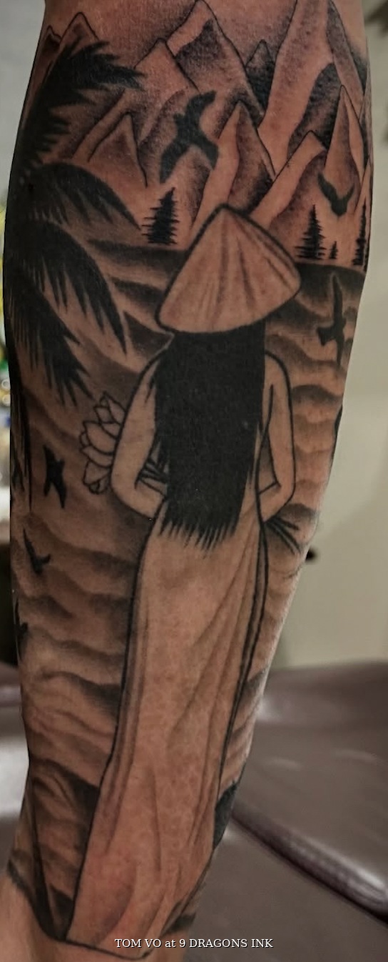 Asian figure tattoo detail by Tom Vo at 9 Dragons Ink in San Jose