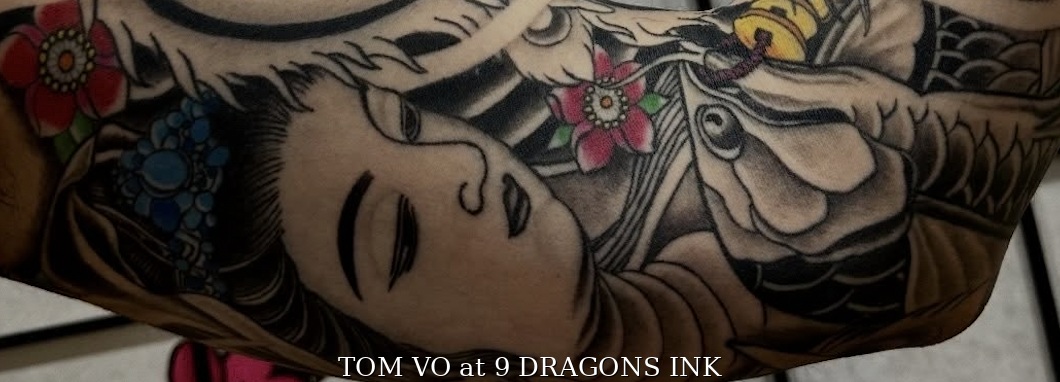 Geisha and koi tattoo detail by Tom Vo at 9 Dragons Ink in San Jose