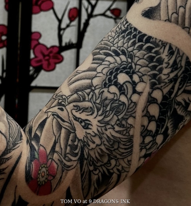 Phoenix tattoo detail by Tom Vo at 9 Dragons Ink in San Jose