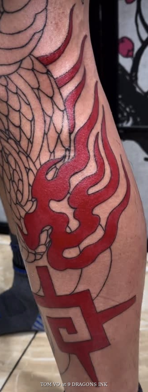 Asian-inspired symbolic tattoo detail by Tom Vo at 9 Dragons Ink in San Jose