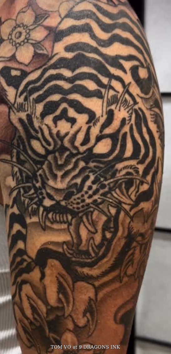 Tiger tattoo detail by Tom Vo at 9 Dragons Ink in San Jose