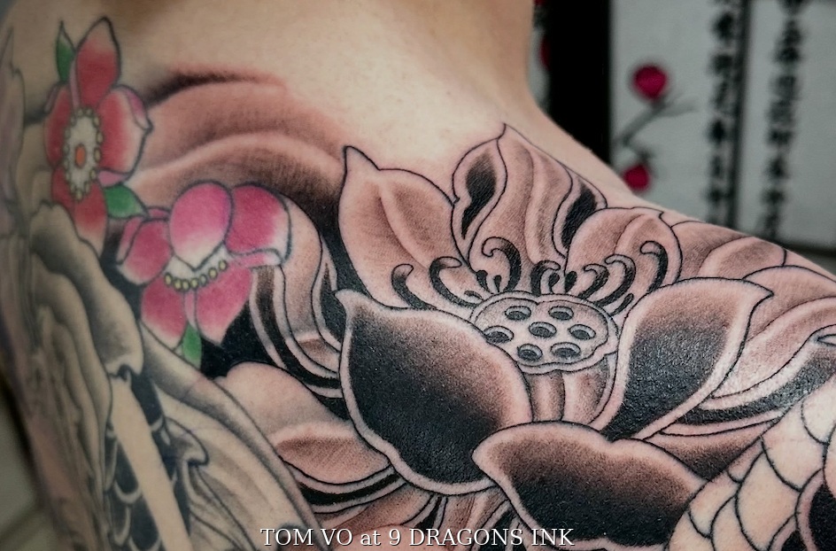 Lotus tattoo detail by Tom Vo at 9 Dragons Ink in San Jose