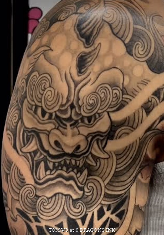 Foo Dog tattoo by Tom Vo in San Jose