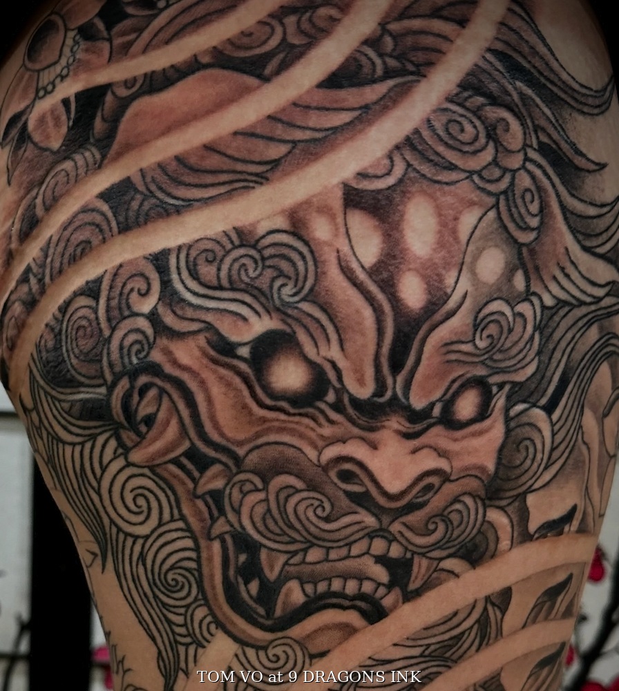 Foo dog tattoo detail by Tom Vo at 9 Dragons Ink in San Jose