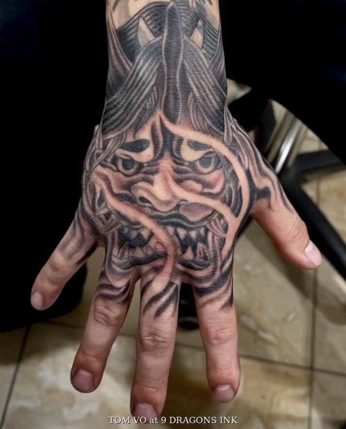 Japanese Hannya mask tattoo by Tom Vo in San Jose