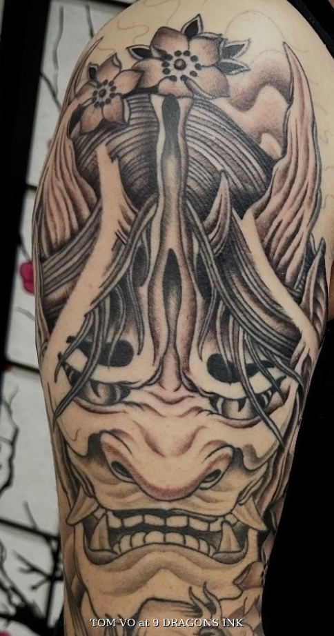 Hannya mask tattoo by Tom Vo at 9 Dragons Ink in San Jose