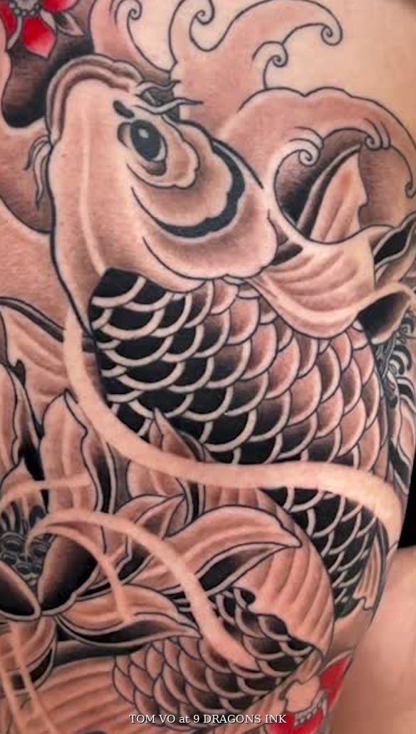 Koi tattoo detail by Tom Vo at 9 Dragons Ink in San Jose