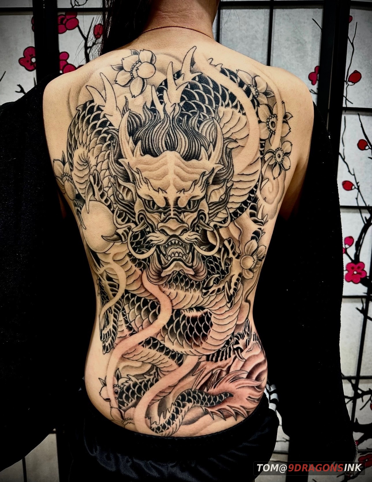 Full back dragon tattoo by Tom at 9 Dragons Ink in San Jose