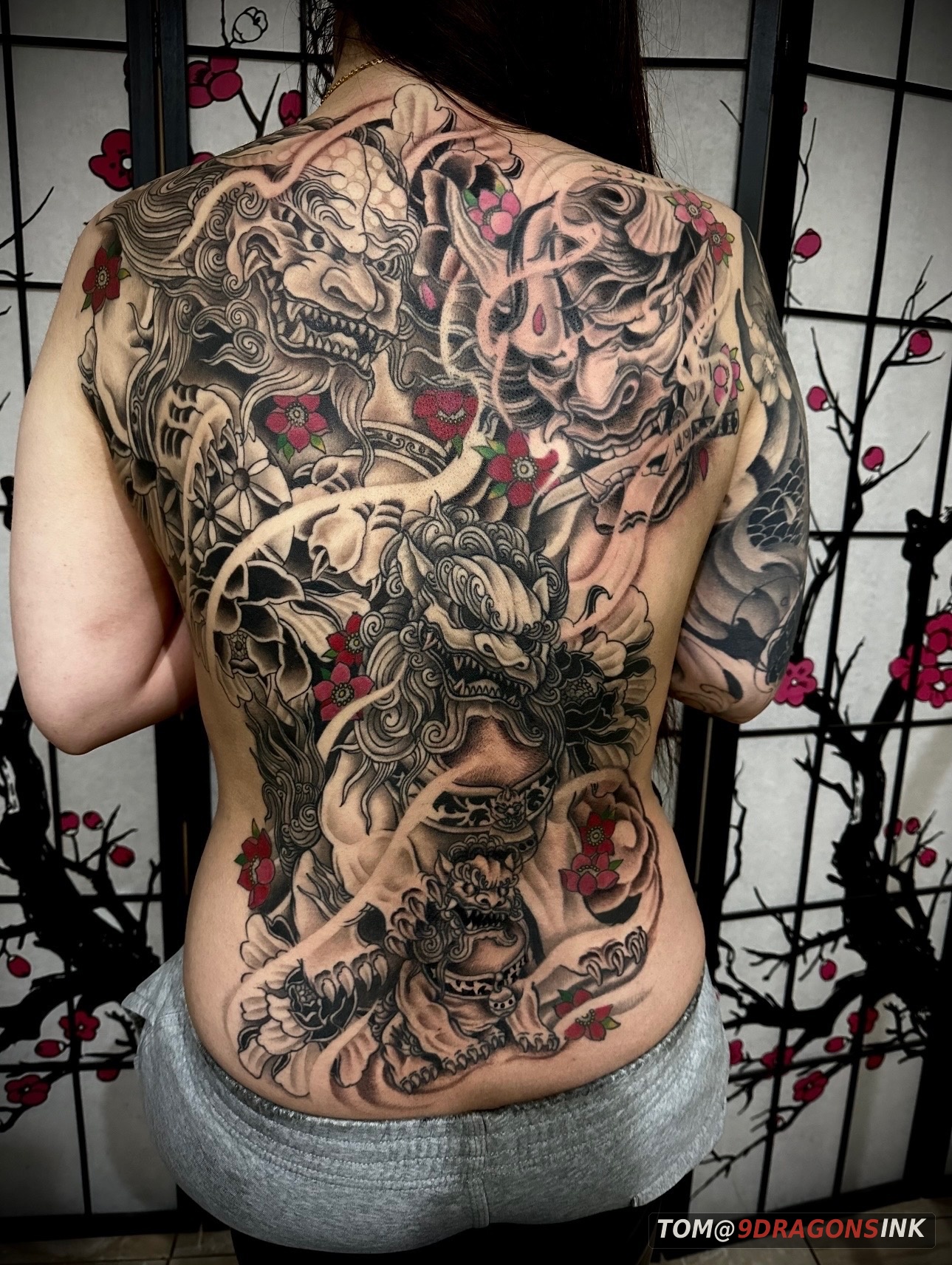 Large dragon and Asian figure back tattoo by Tom at 9 Dragons Ink