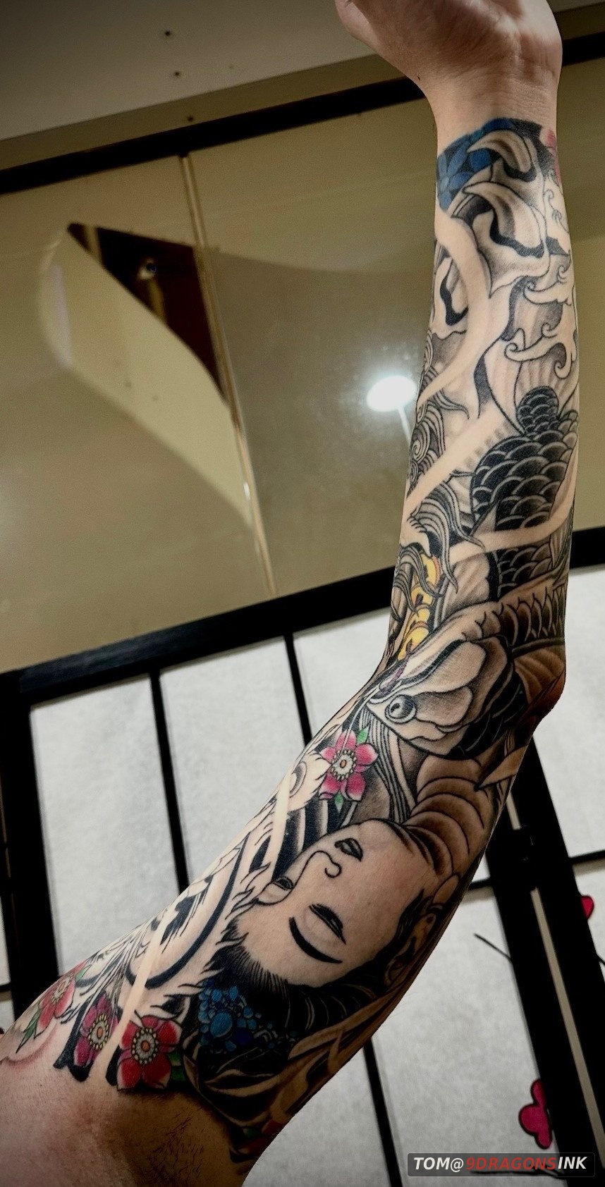 Full back Foo Dog and mask tattoo by Tom at 9 Dragons Ink