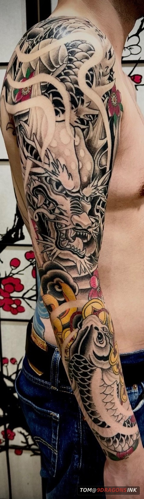 Japanese inspired sleeve with figure and koi by Tom at 9 Dragons Ink