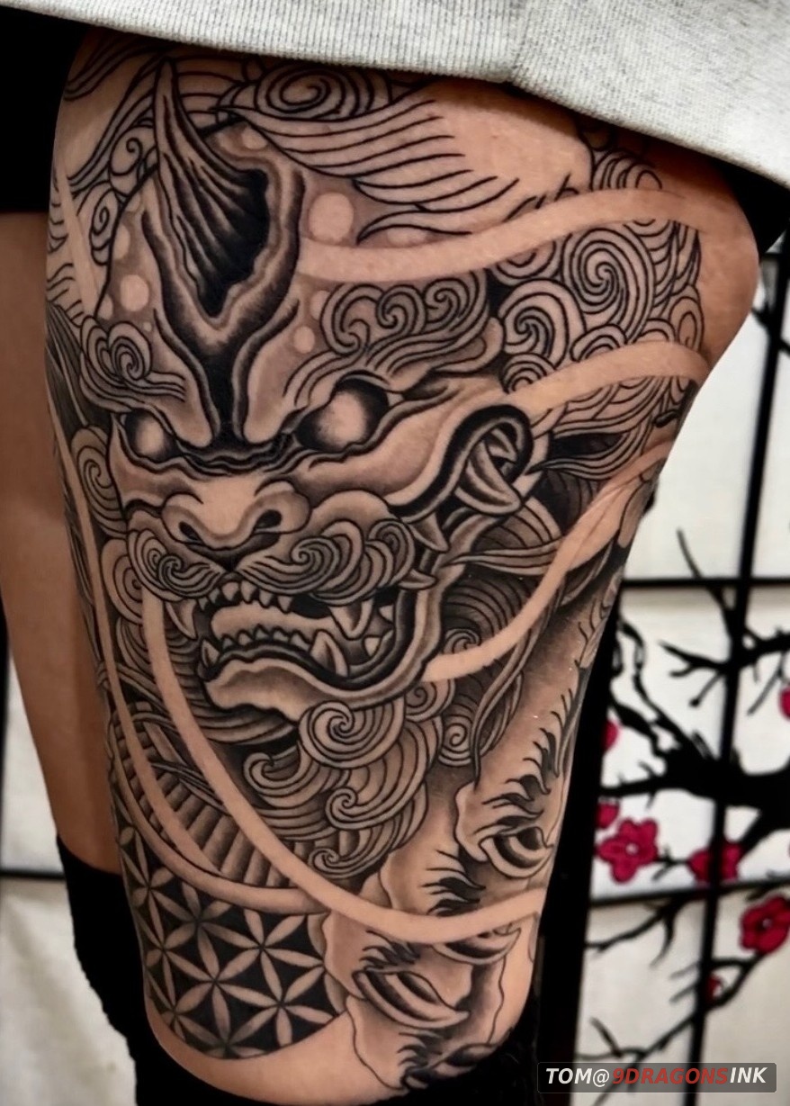 Dragon koi and floral sleeve tattoo by Tom at 9 Dragons Ink