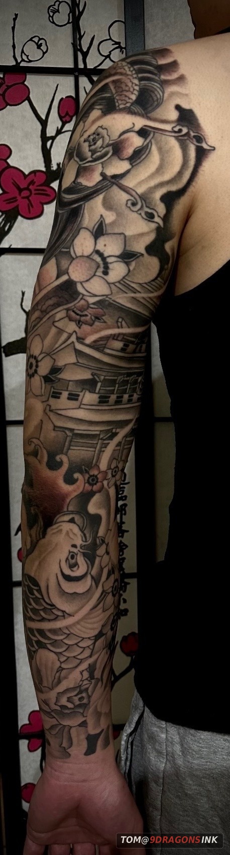 Crane temple and koi sleeve tattoo by Tom at 9 Dragons Ink